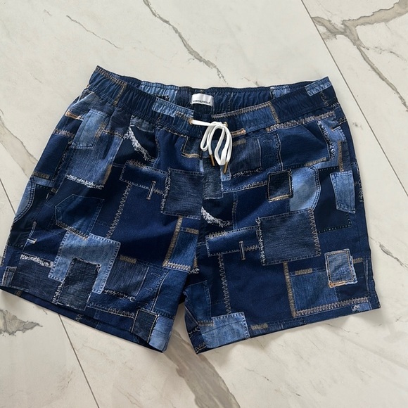 WeWoreWhat Men’s Denim Patchwork Swim Trunks - Picture 2 of 9